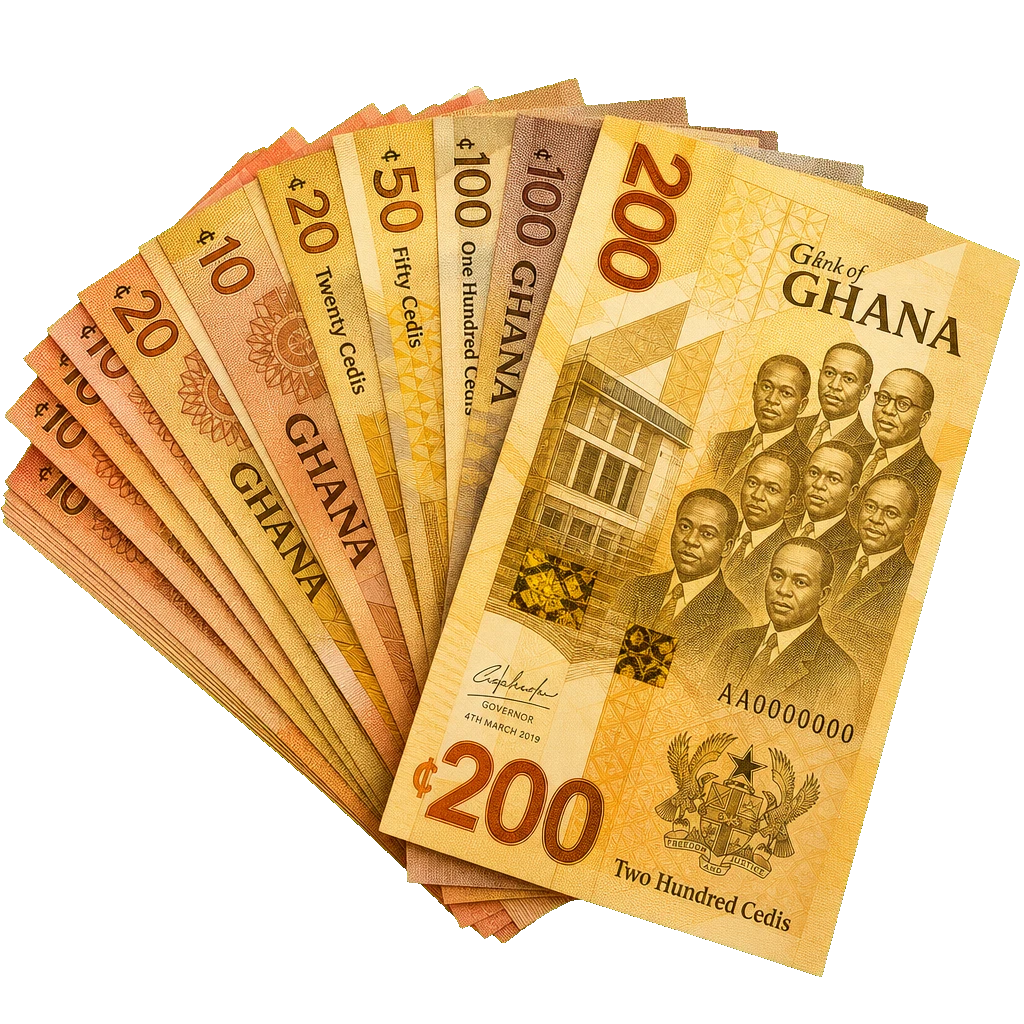A fan of Ghanaian cedi banknotes