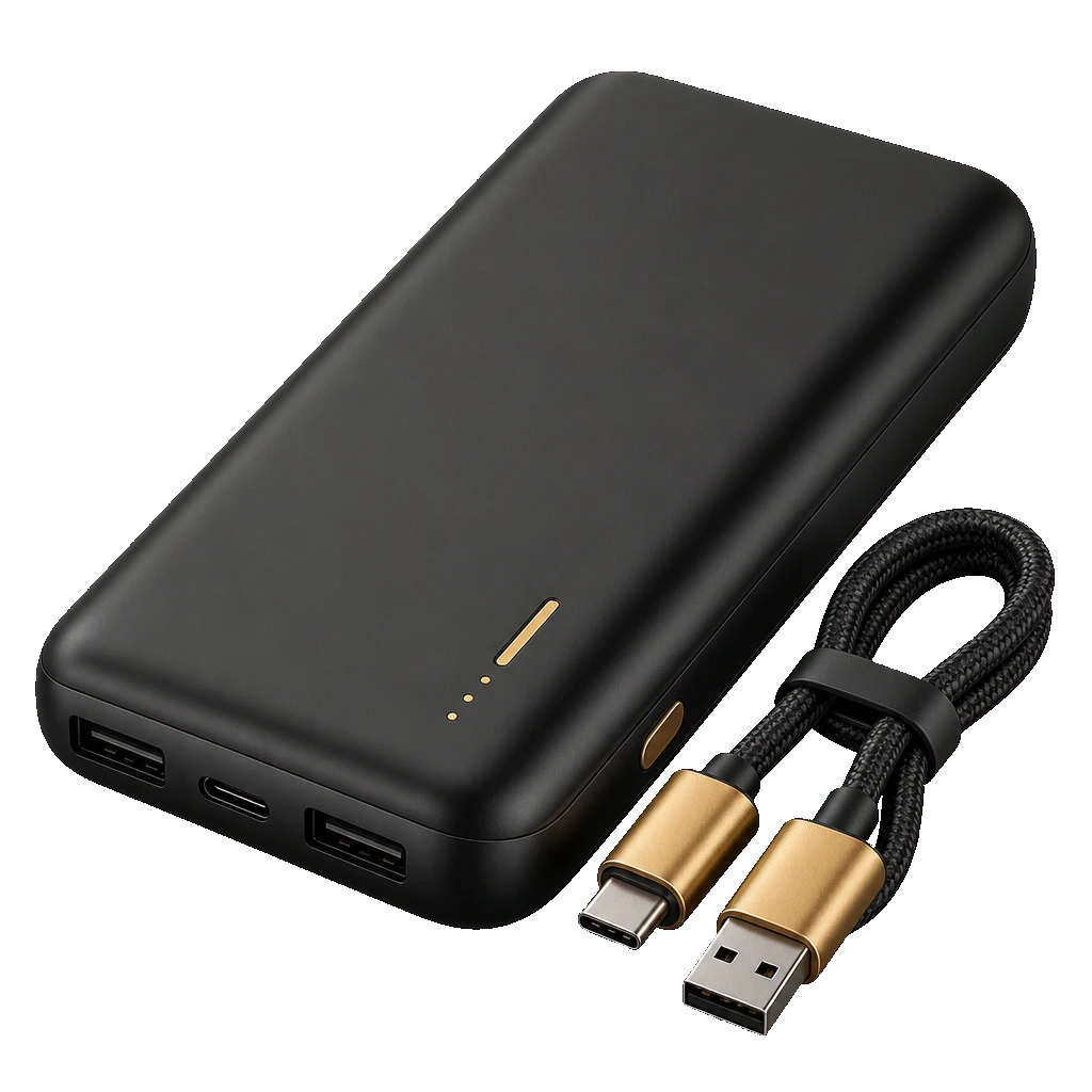 A black power bank with a braided charging cable